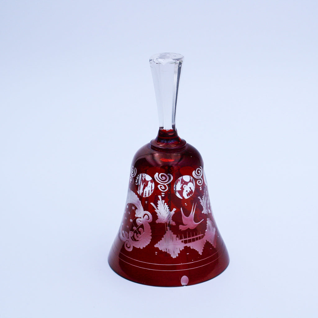 Vintage Bohemian Ruby Red Cut‑to‑Clear Glass Bell Bird Castle Motif 5.5"