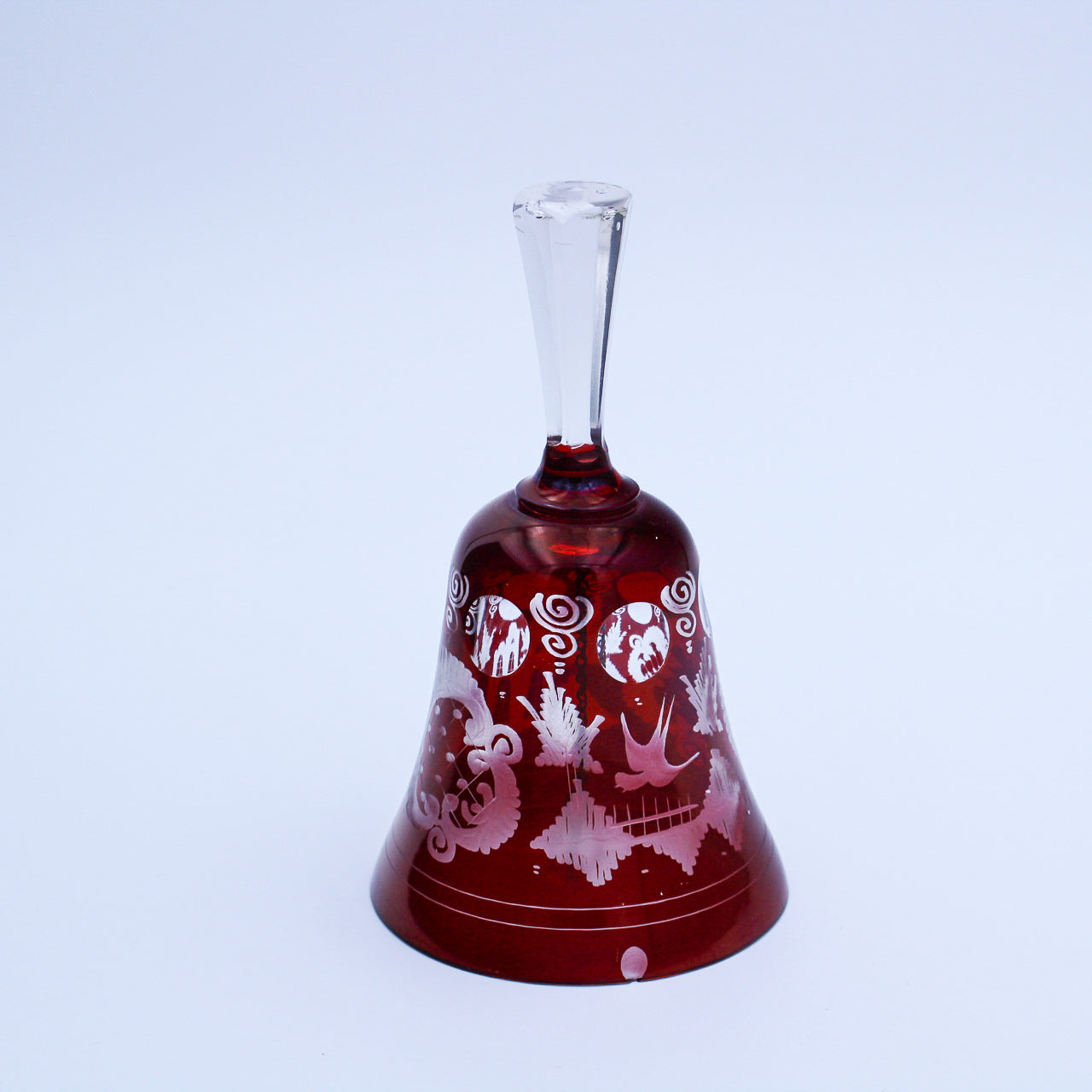 Vintage Bohemian Ruby Red Cut‑to‑Clear Glass Bell Bird Castle Motif 5.5"