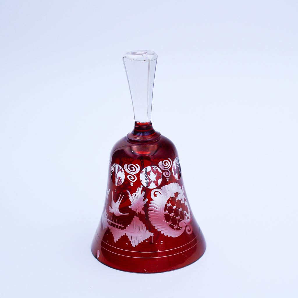 Vintage Bohemian Ruby Red Cut‑to‑Clear Glass Bell Bird Castle Motif 5.5"
