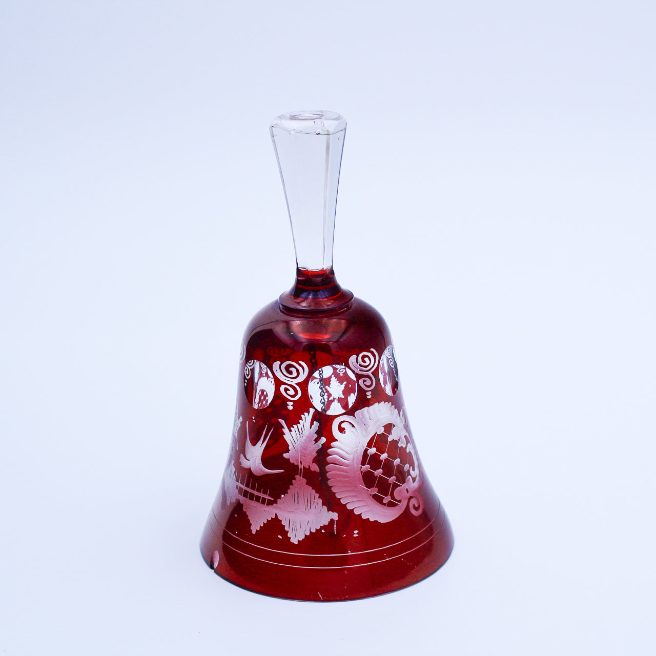 Vintage Bohemian Ruby Red Cut‑to‑Clear Glass Bell Bird Castle Motif 5.5"