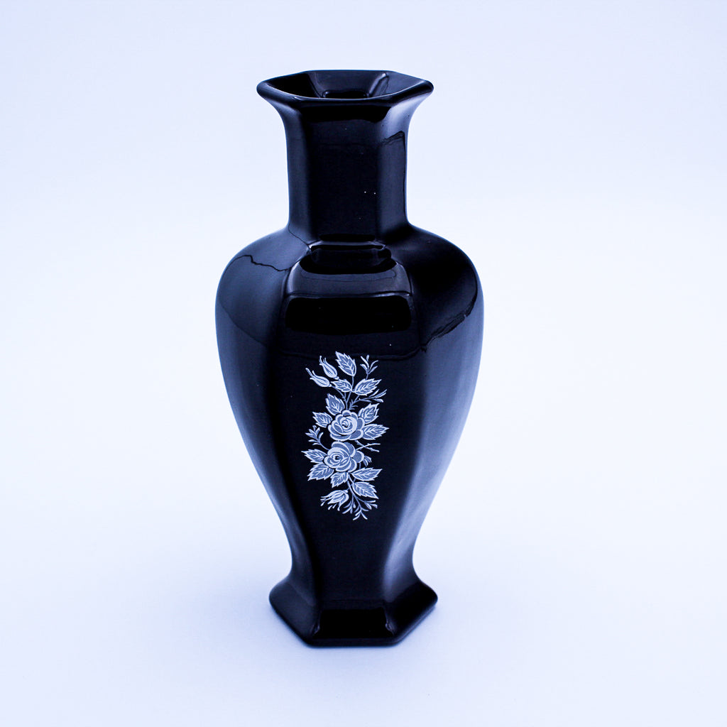 7.75" Black Amethyst Glass Vase, Enamel & Mother of Pearl Floral Inlay
