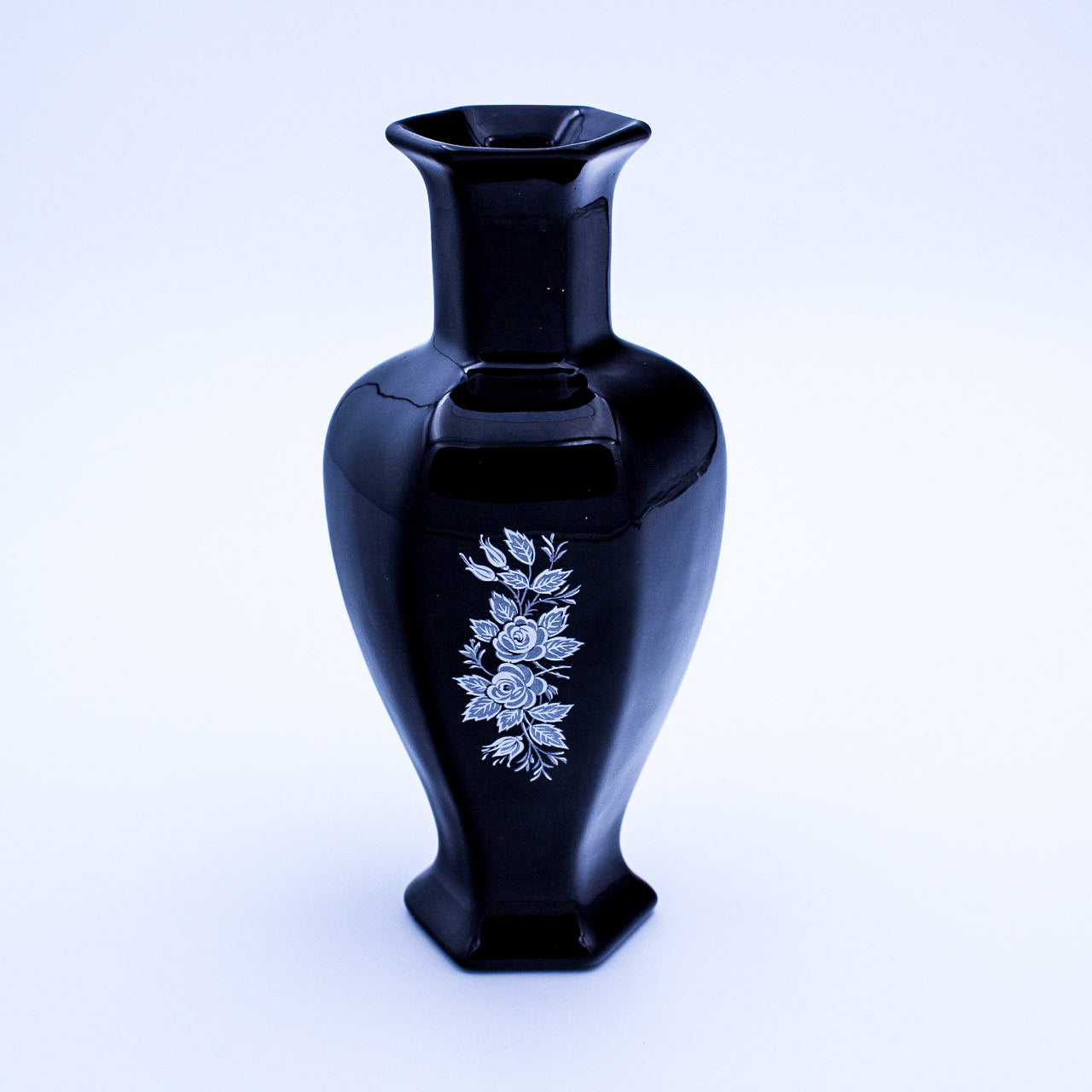 7.75" Black Amethyst Glass Vase, Enamel & Mother of Pearl Floral Inlay