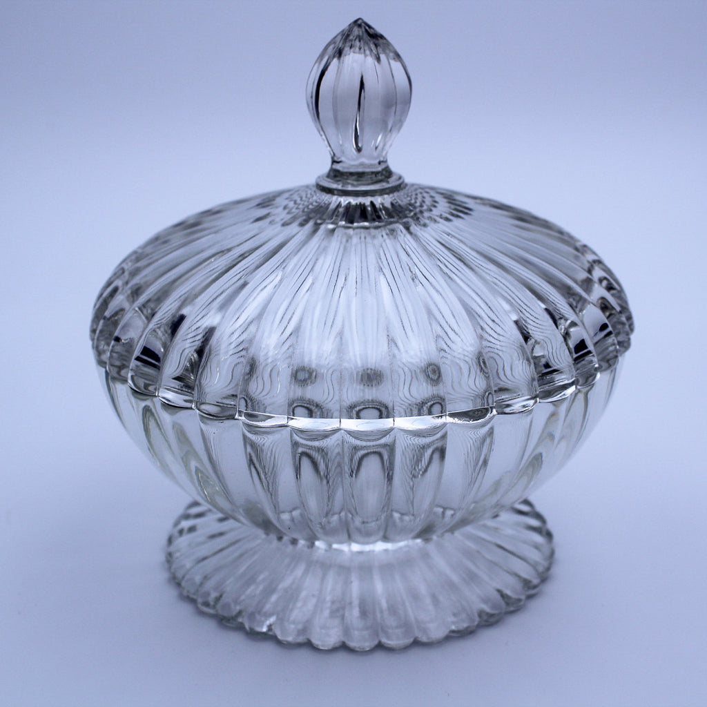 Vintage Jeanette Glass National Ribbed Footed Candy Dish w/ Lid