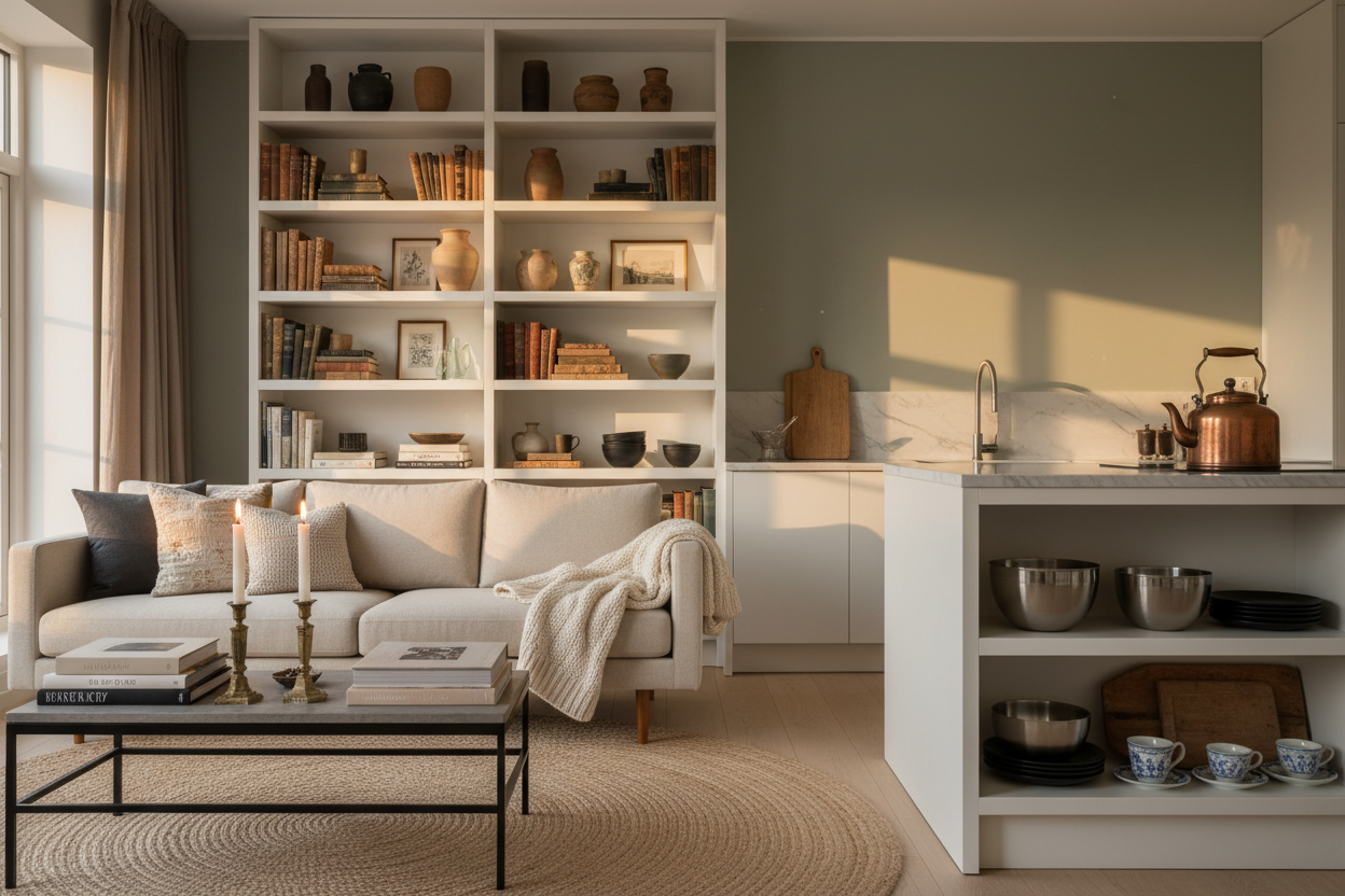 Create an image that reflect getting to know our online store with timless living essentials, blending Modern Home & Living with Vintage housewares.  