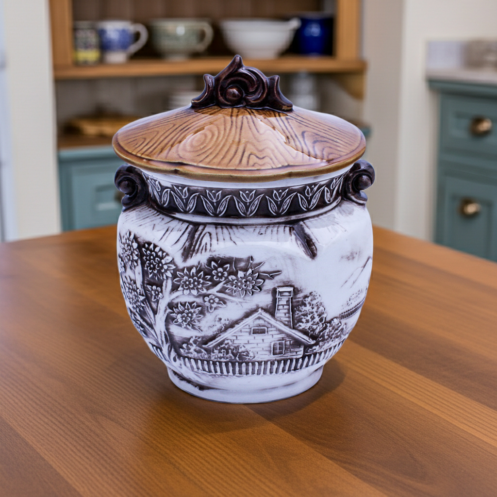 Cream Ceramic Cookie Jar – Raised Cottage Scene, Brown Glaze Accents