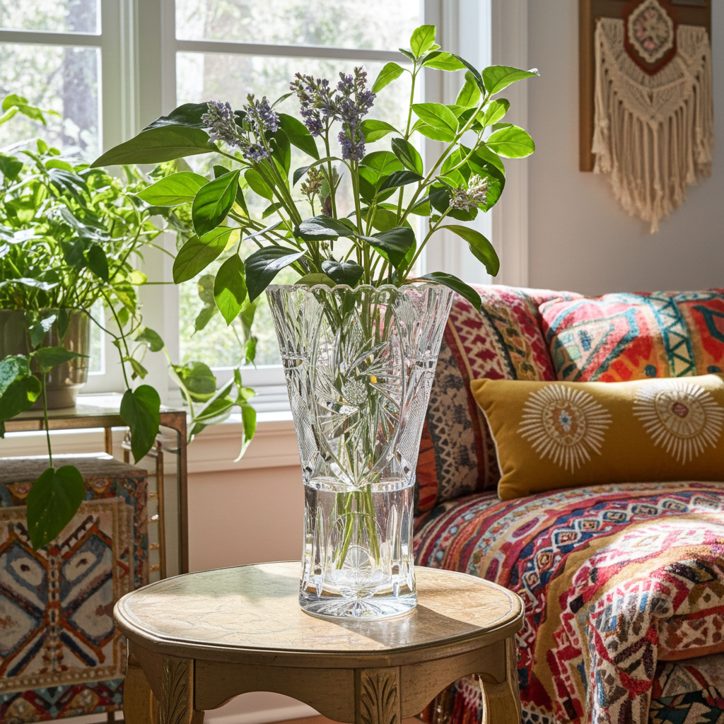 Vintage Crystal Vase with Floral & Pinwheel Cut Design – Elegant & Timeless Decor