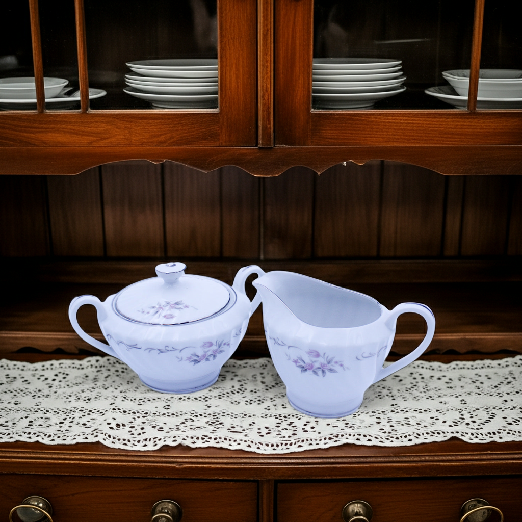 Gold Standard GST1 Porcelain Sugar Creamer – Pink Rosebud Silver Edge Vintage