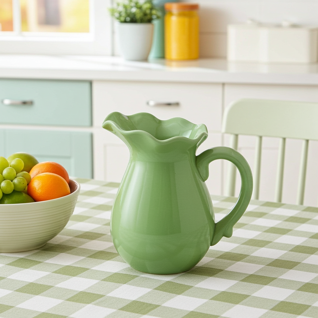 Lime Green Ceramic Pitcher, Glossy Finish, Ruffled Rim, 7.5" Tall