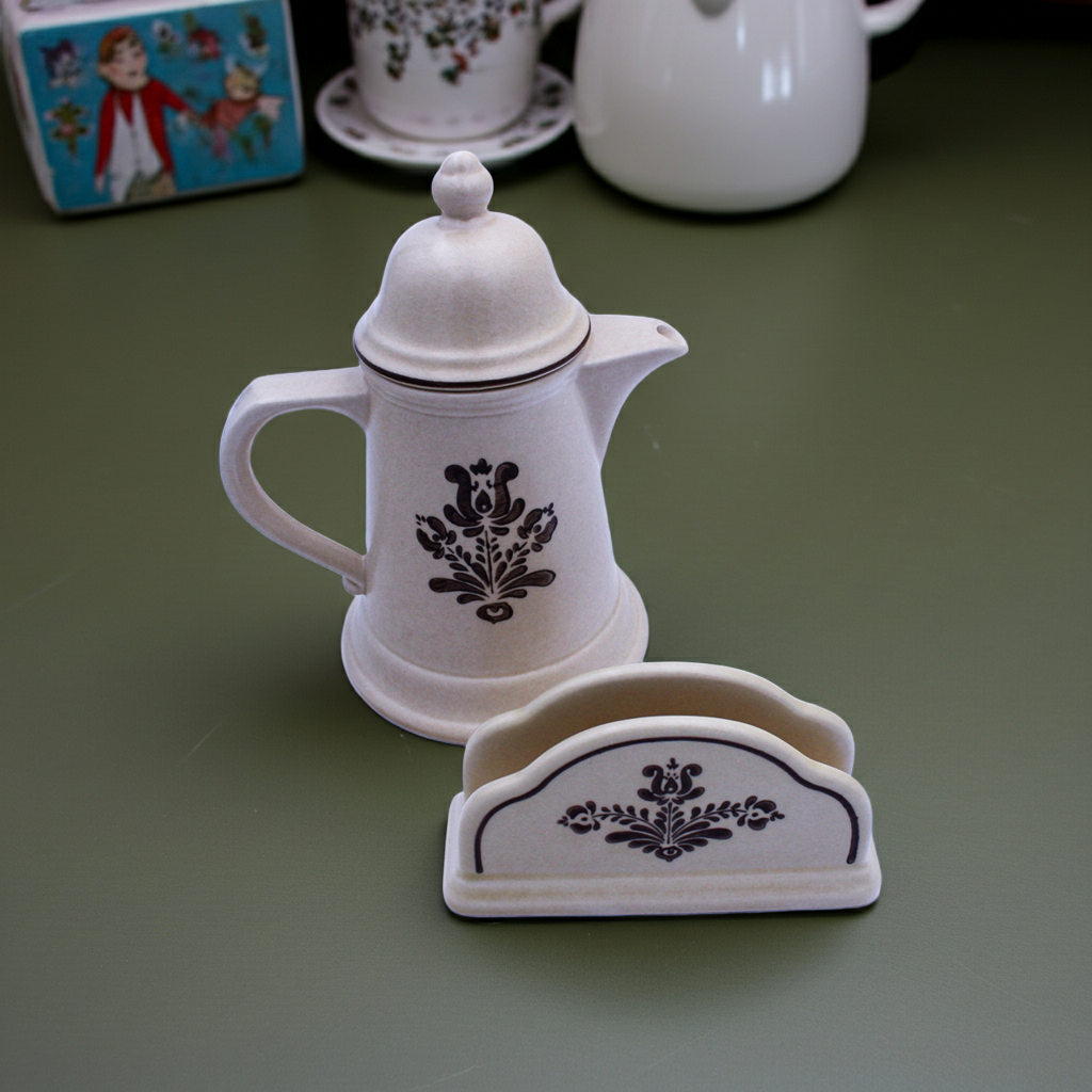 Pfaltzgraff Village Coffee Pot & Napkin Holder – Beige Floral Stoneware