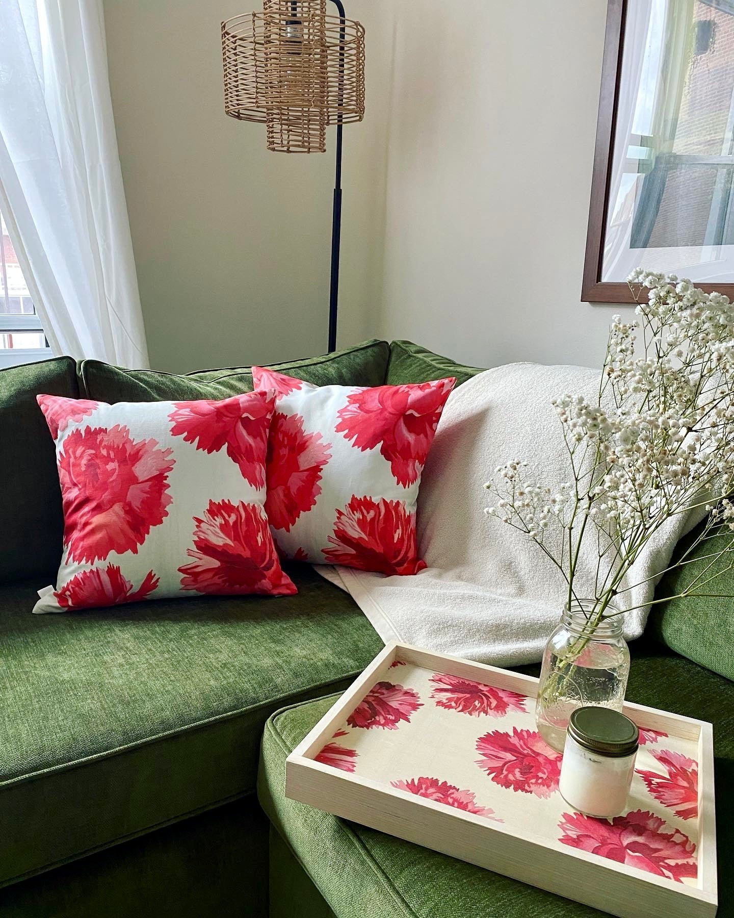 Throw Pillow: Red Carnations on Snow