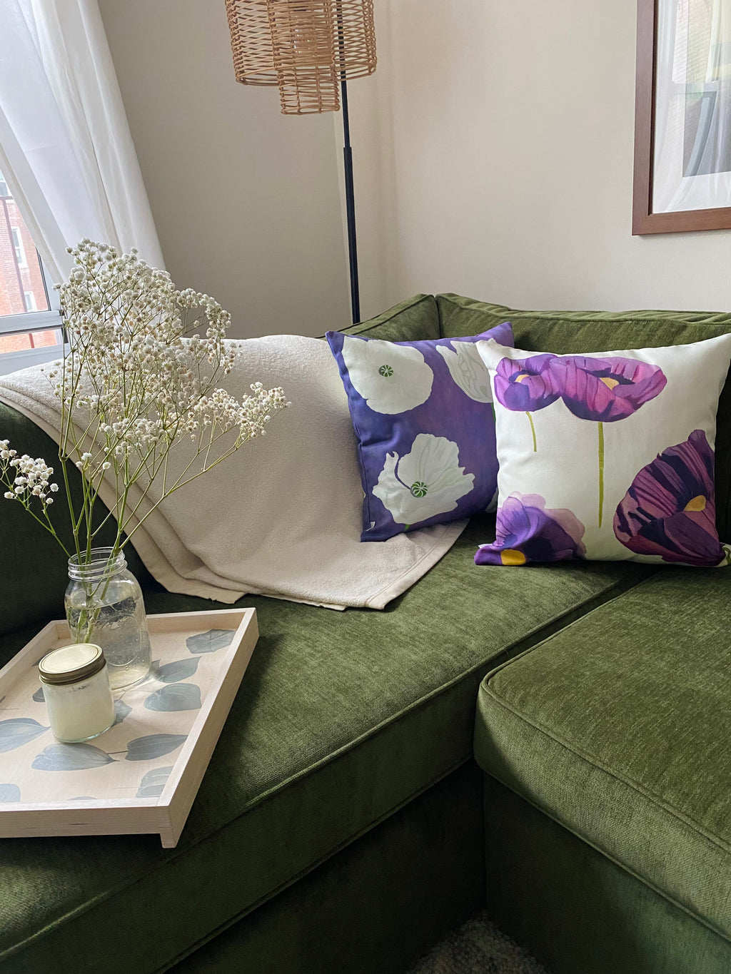 Throw Pillow: Purple Poppies on Snow