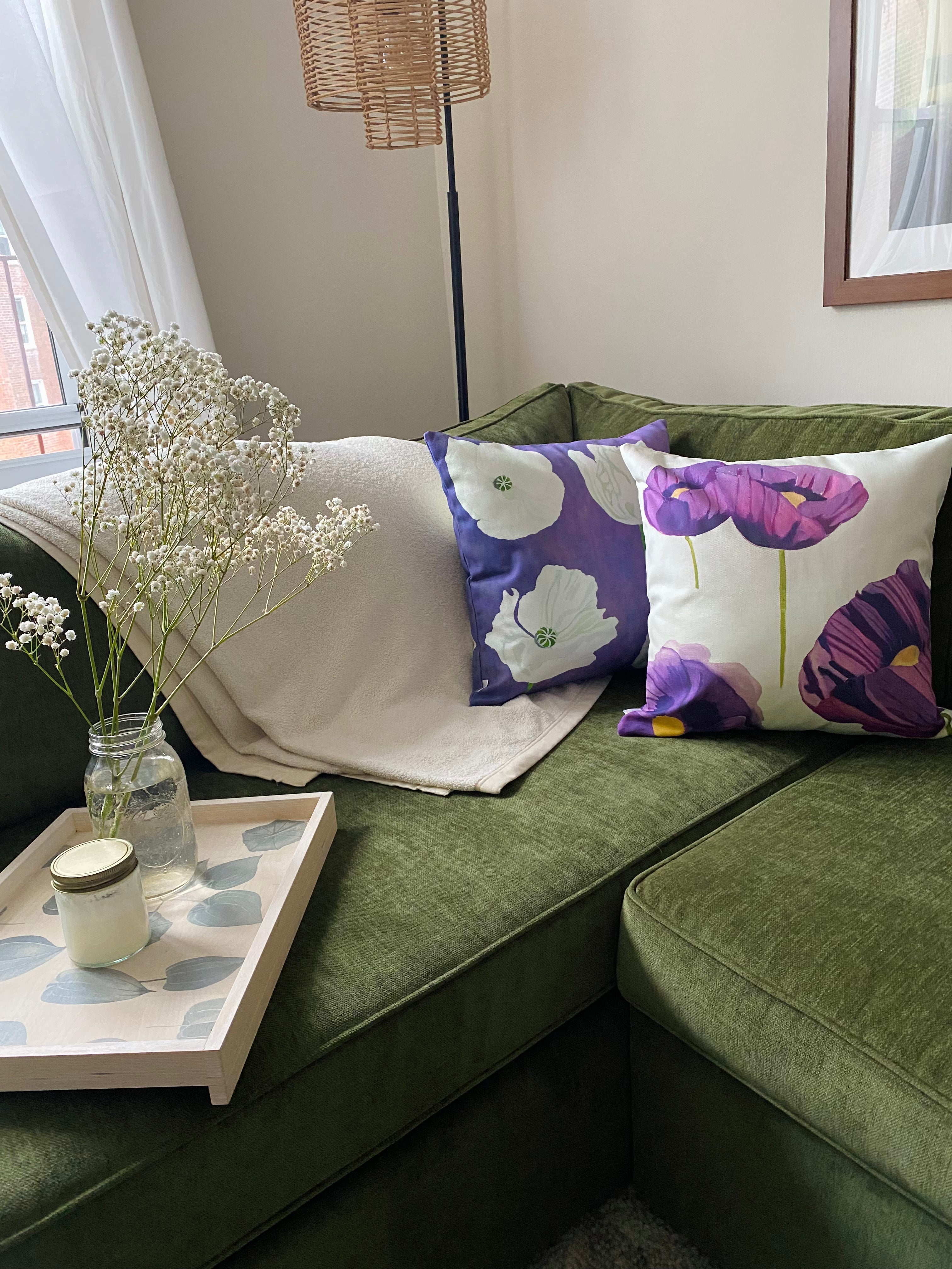Throw Pillow: Purple Poppies on Snow
