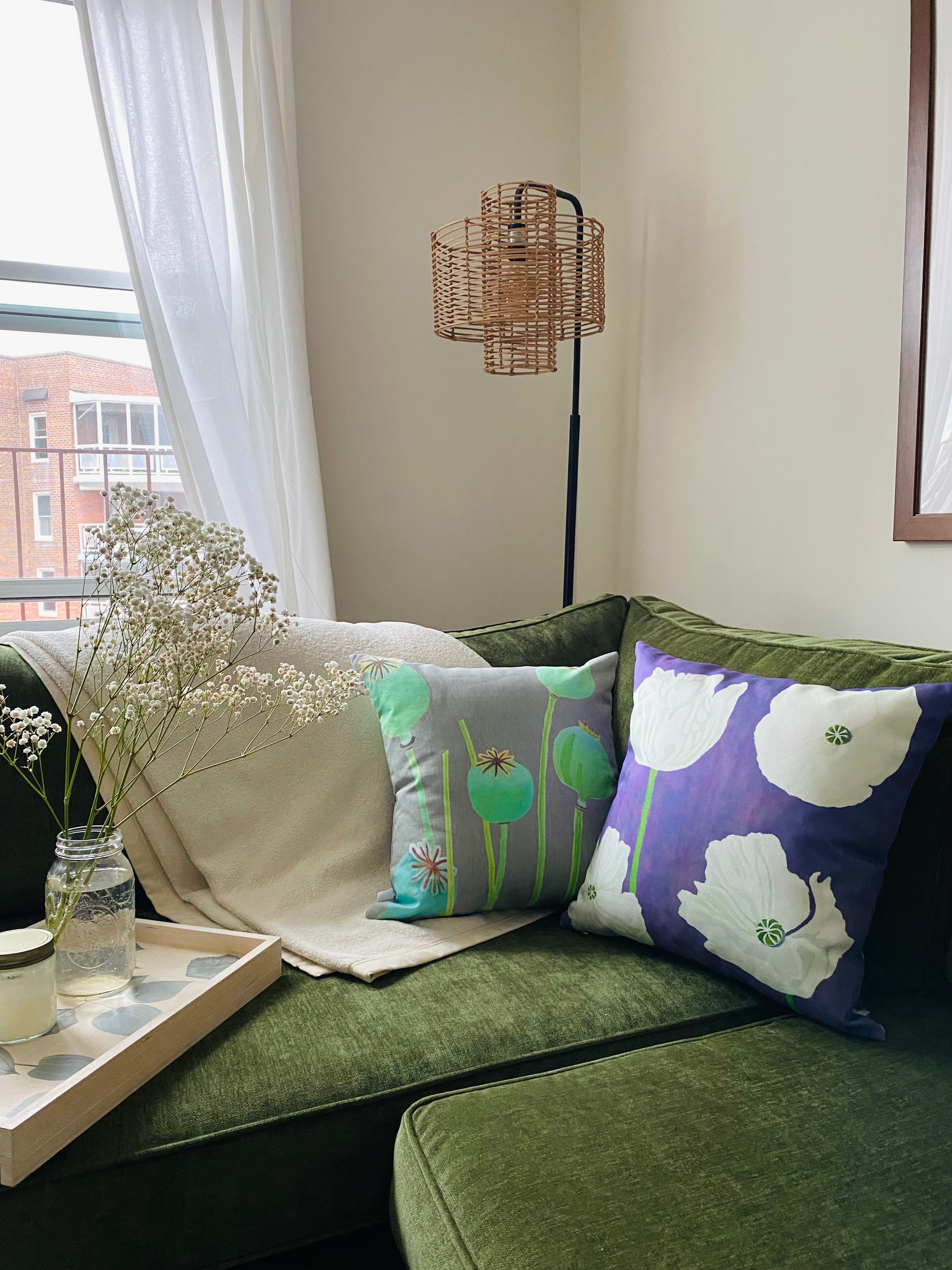 Throw Pillow: White Poppies on Violet