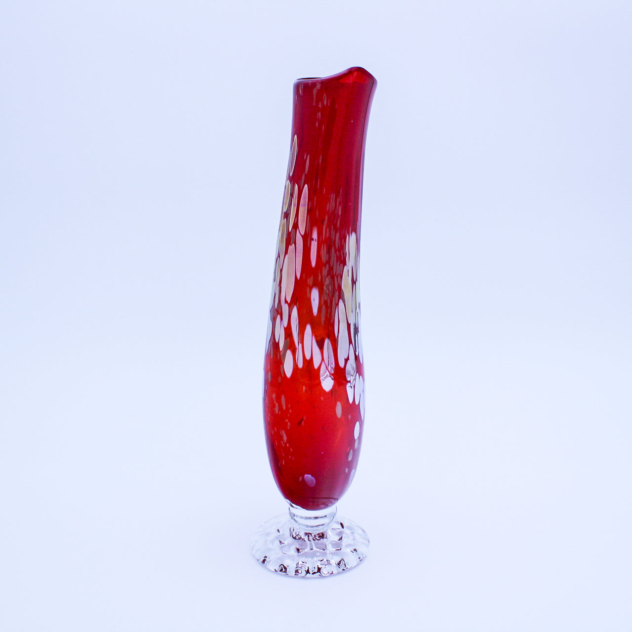 Handblown Red & Clear Swung Glass Vase, Vintage Murano Style, 12"