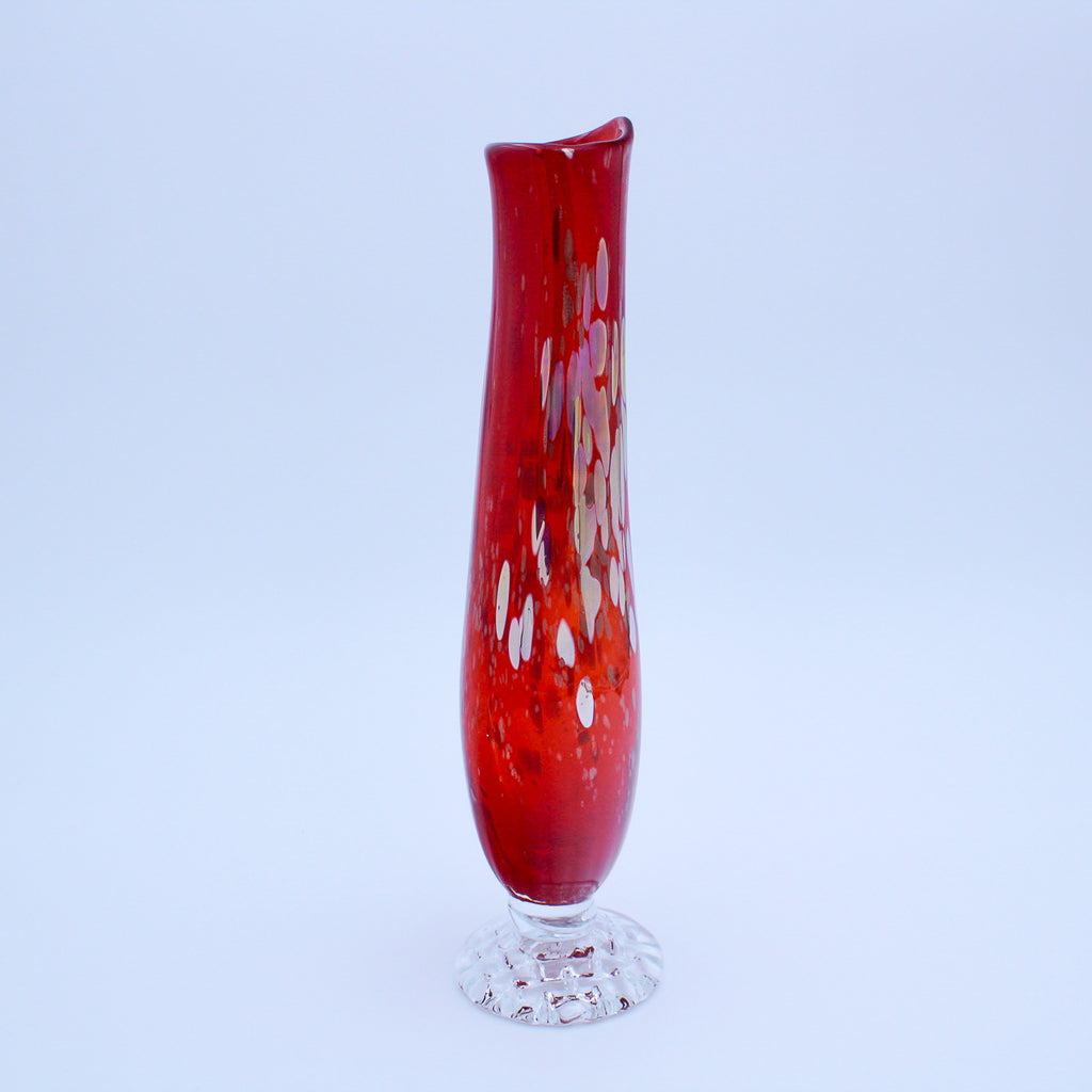 Handblown Red & Clear Swung Glass Vase, Vintage Murano Style, 12"