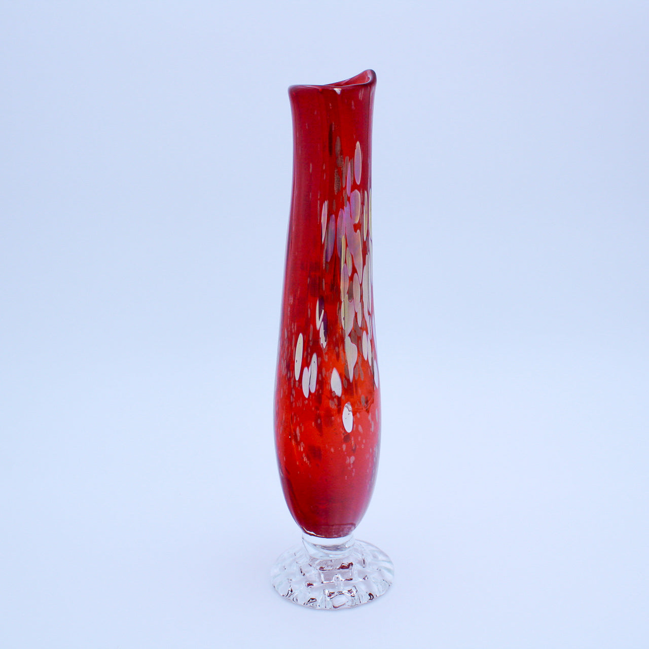 Handblown Red & Clear Swung Glass Vase, Vintage Murano Style, 12"