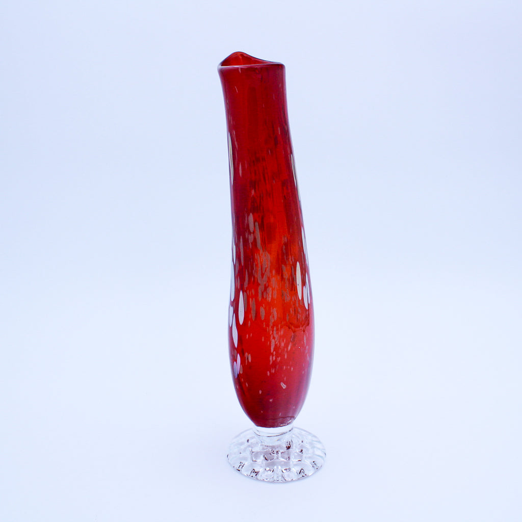 Handblown Red & Clear Swung Glass Vase, Vintage Murano Style, 12"