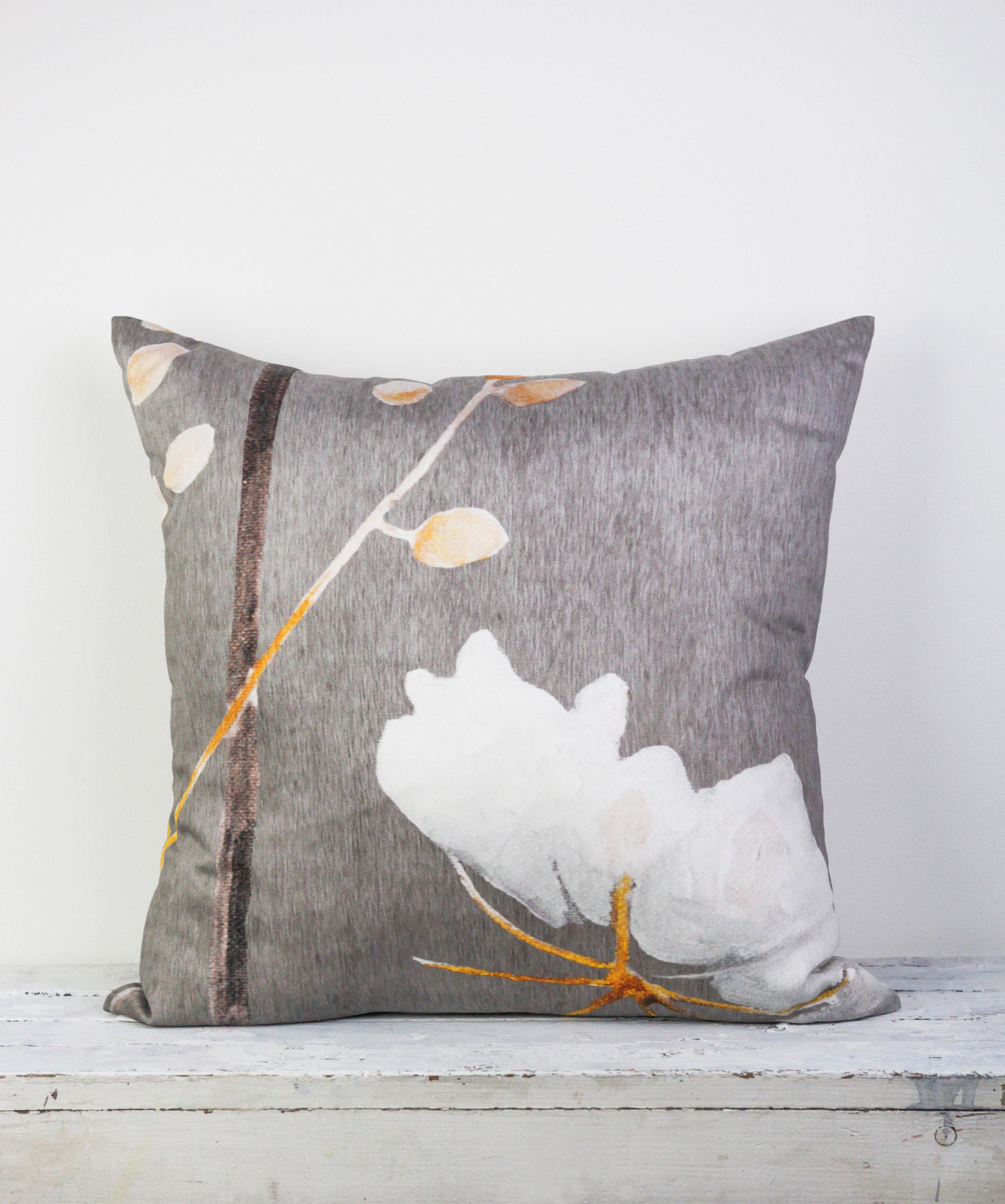 Cotton Sateen Throw Pillow: Big White Flower on Medium Grey