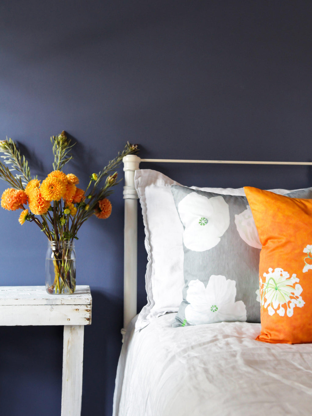 Throw Pillow: White Poppies on Grey