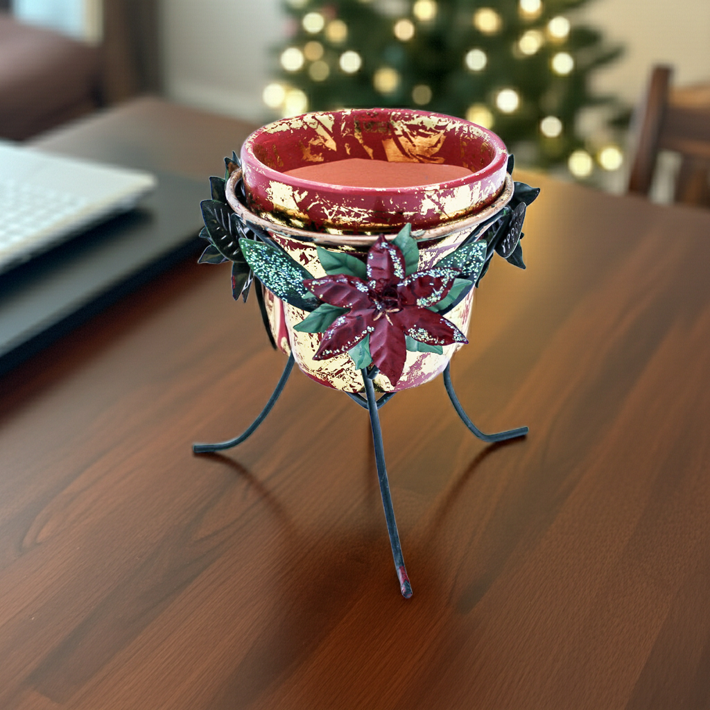 Vintage Metal Poinsettia Decorative Holder with Red Clay Pot Gold Accent
