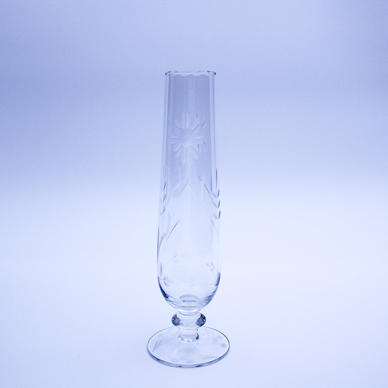Vintage 9" Clear Glass Bud Vase with Pedestal Base & Floral Etching