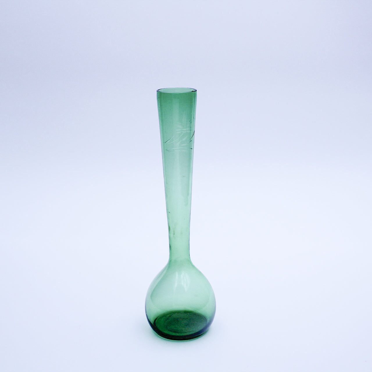 Vintage 8.5" Hand-Blown Green Glass Bud Vase with Floral Etching