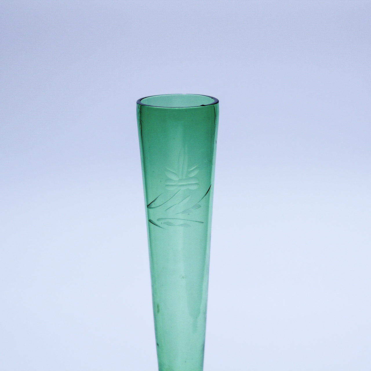 Vintage 8.5" Hand-Blown Green Glass Bud Vase with Floral Etching