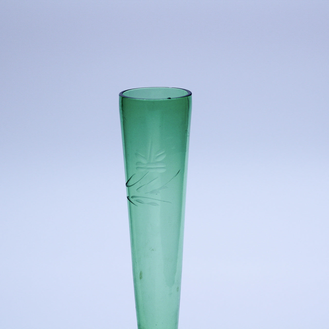 Vintage 8.5" Hand-Blown Green Glass Bud Vase with Floral Etching
