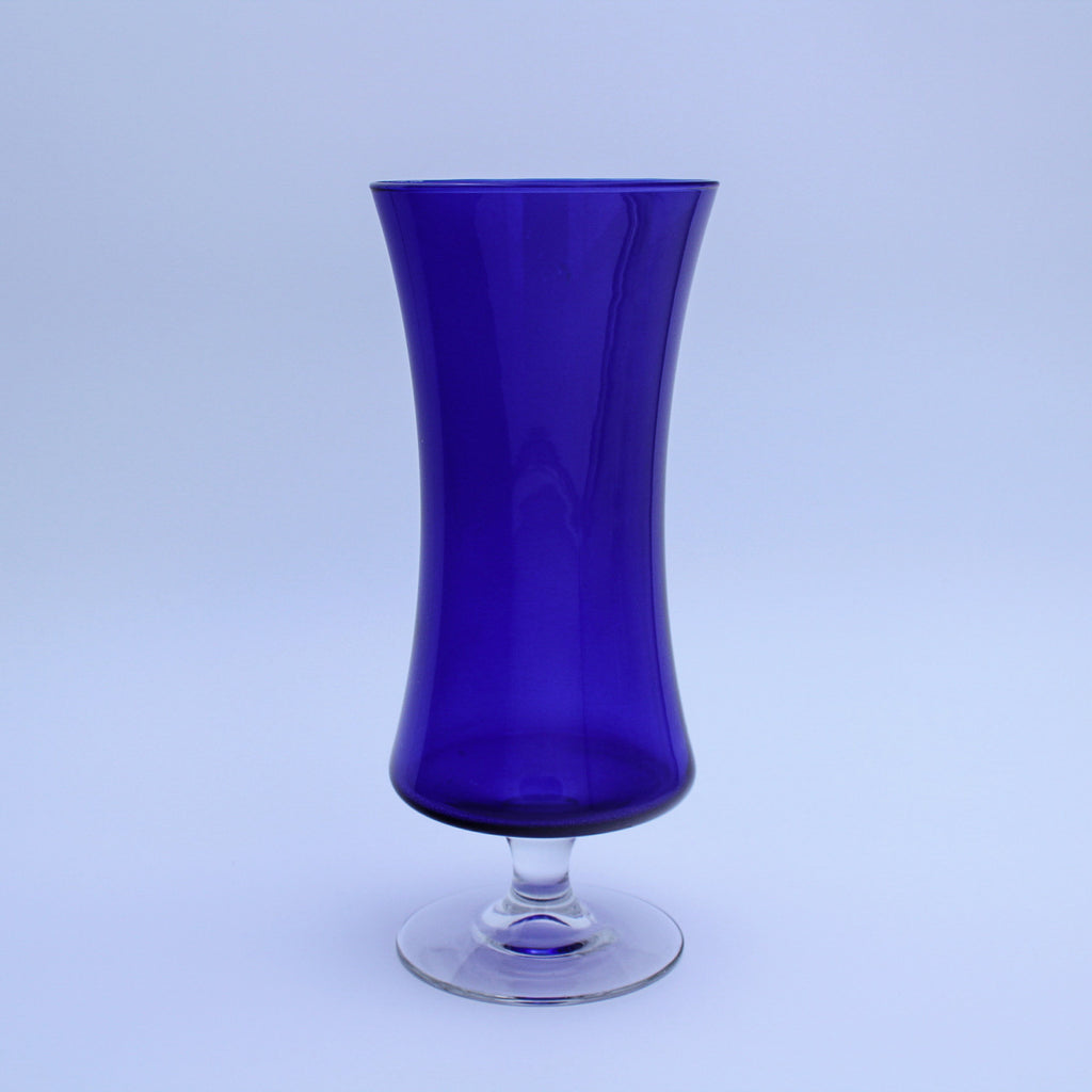 Blue Cobalt Glass Vase, Clear Pedestal, 9.5 in
