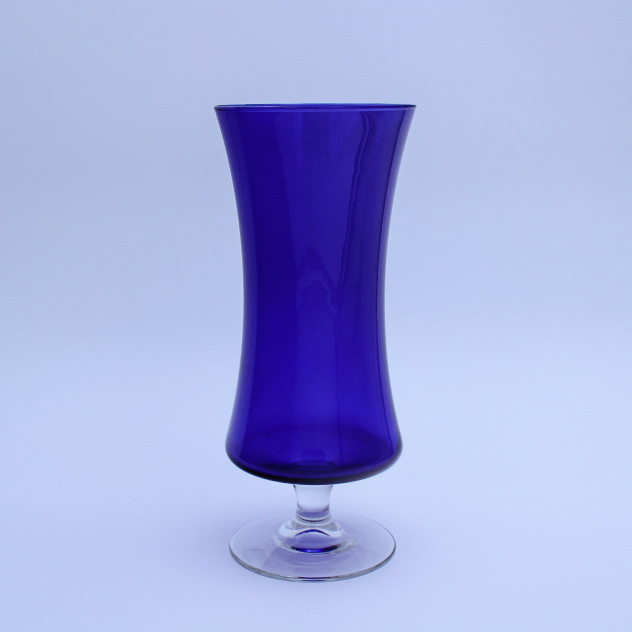 Blue Cobalt Glass Vase, Clear Pedestal, 9.5 in